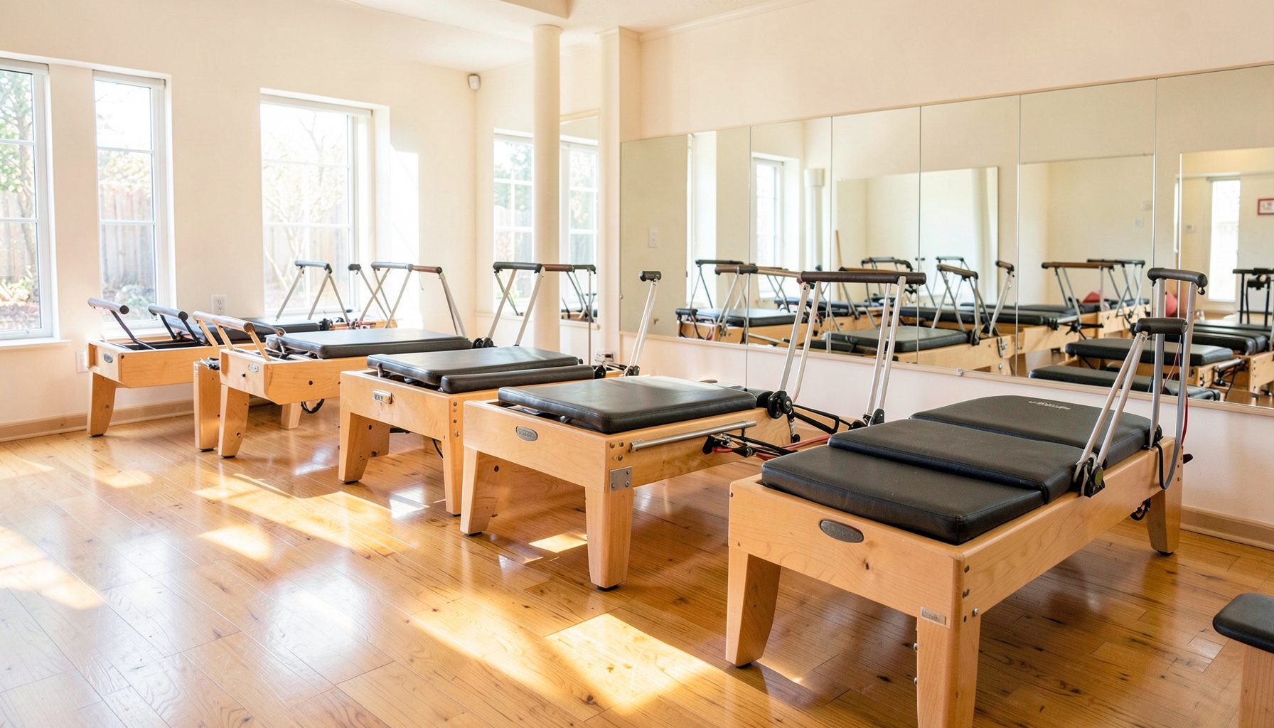 Bright, welcoming clinic interior with a row of wooden Pilates reformer machines, mirrors along the wall, and soft natural light